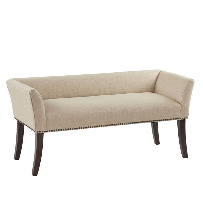 Tan Accent Bench With Solid Wood Components, Low Back, Flared Arms, Elegant Bronze Nailhead Trim For Home Upholstered Lounge Bench, And Plywood A Luxurious Feel