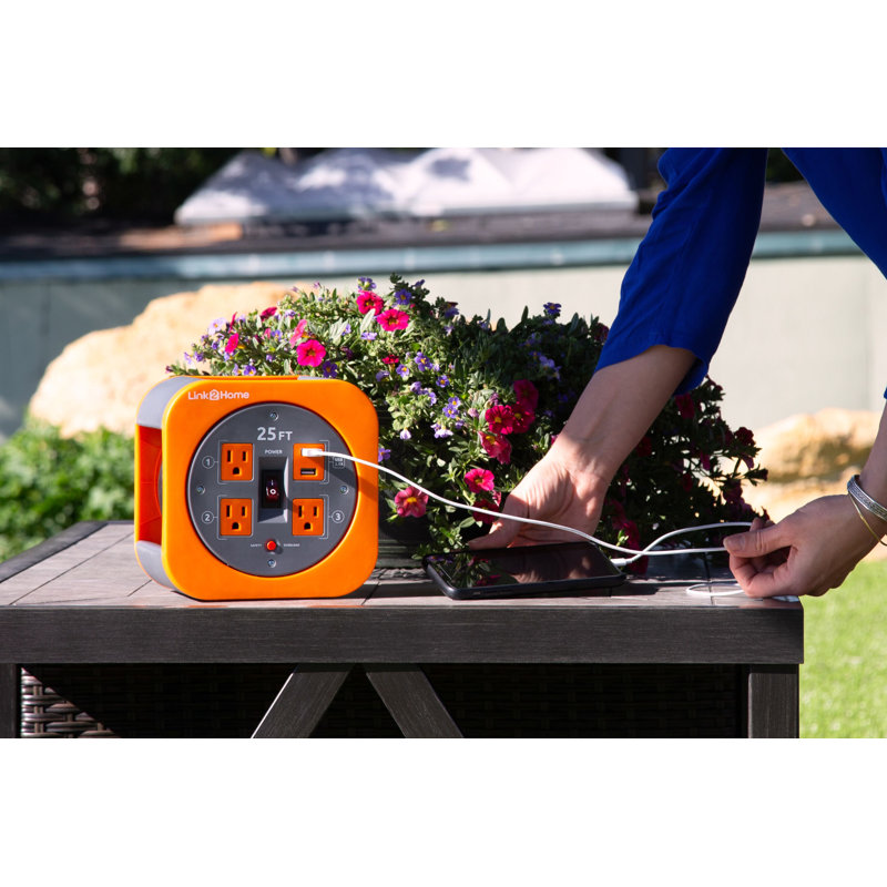 25 ft Black and Orange Extension Cord Reel with USB Ports