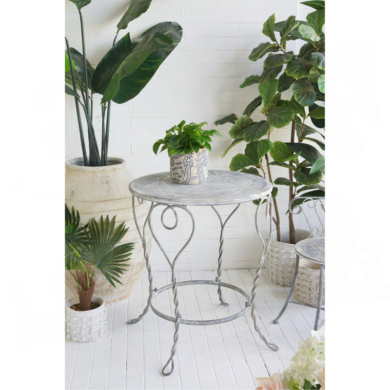 26X26x30" Heart Iron Round Side Table/ Distressed Silver Finish/ French Country Accent End Table With Twisted Legs