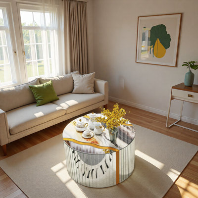 Cylindrical Coffee Table With Mirrored Glass, Marble Pattern And Gold Powder Decoration