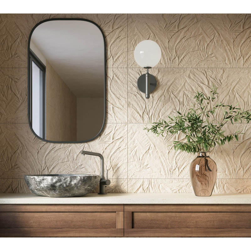 Shibumi 20" x 48" Carved Botanical 3D Ceramic Wall Tile – Textured Stone Look, Beige