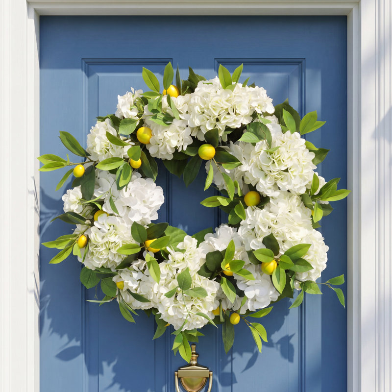 22" Spring Wreath with Hydrangeas and Lemons