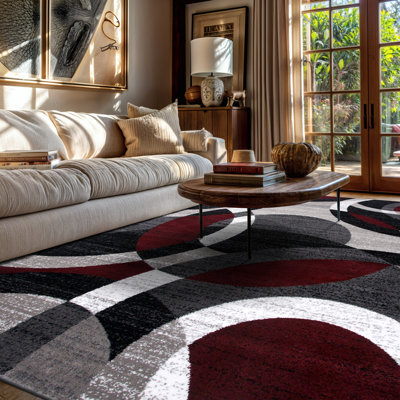 Tapis bourgogne / blanc / noir à motif abstrait tissé Archeveque - Tapis en polypropylène géométrique moderne pour le salon, la chambre à coucher ou le couloir