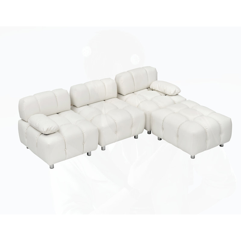 Tufted Upholstered Sofa, White Leather, 27.56" H x  90.6" W x 33.5" D