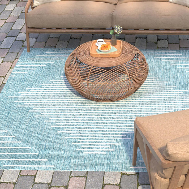 Tapis rayé en polypropylène tissé à la machine intérieur / extérieur gris / bleu, Carré 5 pi 3 po