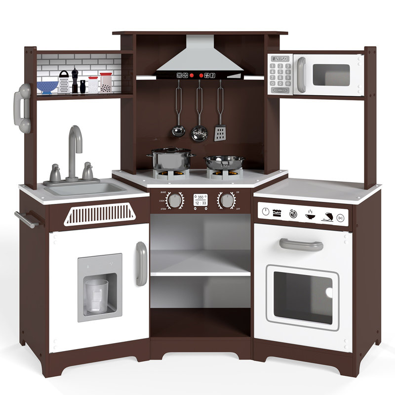 Preschool Kitchen Set, Corner Wooden Pretend Toddler Kitchen Toys Playset, Brown