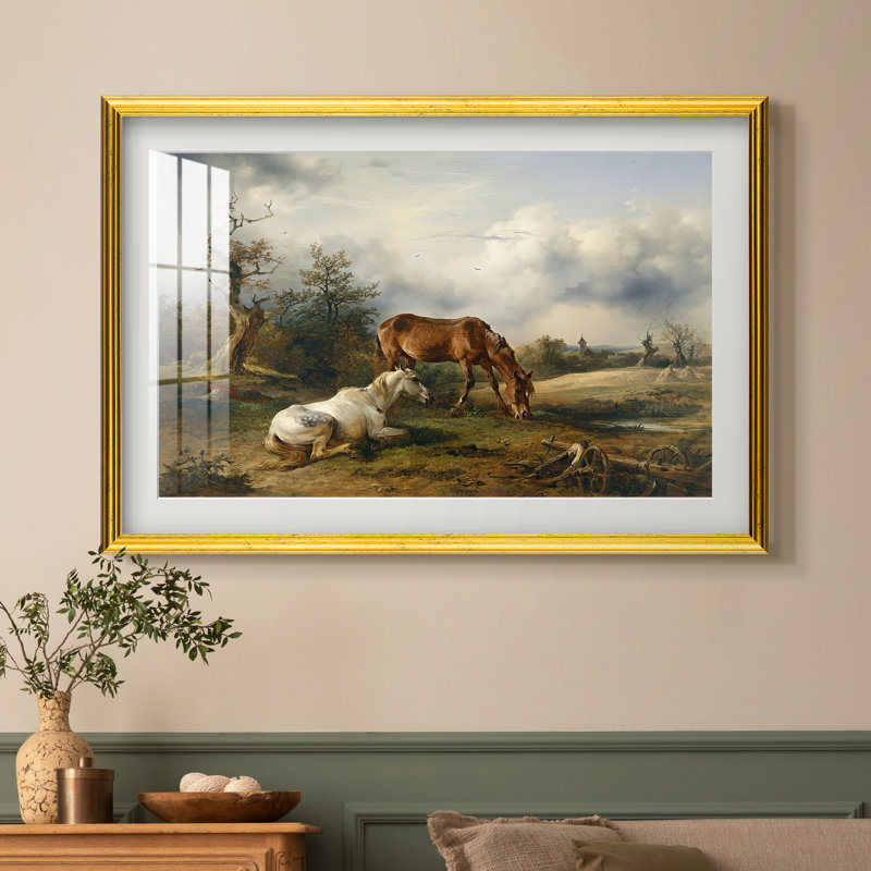Deux chevaux au pré, vers 1825 - Friedrich Gauermann - Estampe encadrée sur mesure, 16 po x 22 po