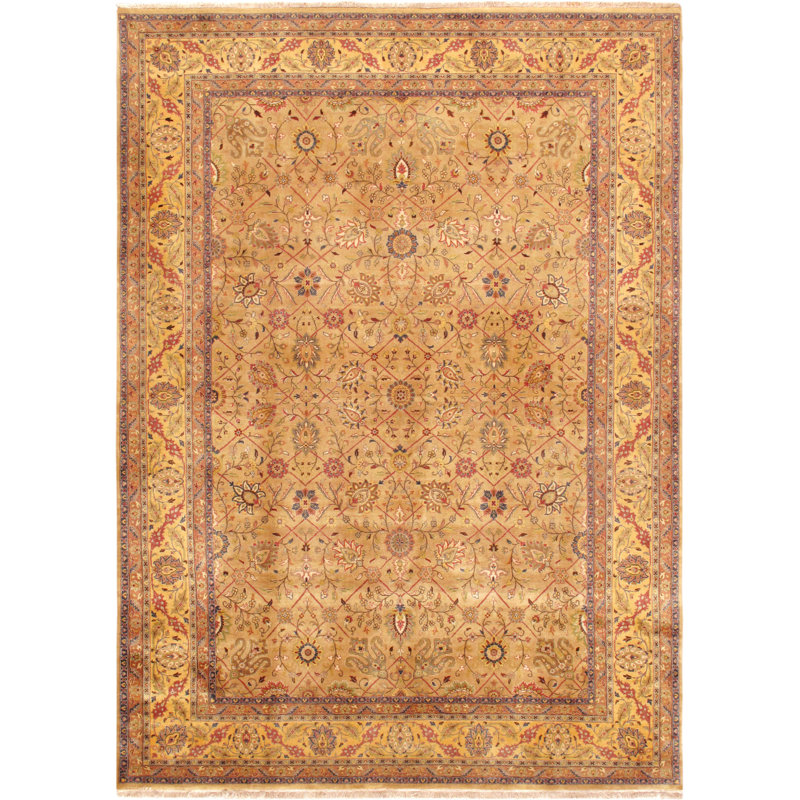 Tabriz Oriental Hand-Knotted Wool/Silk Beige/Rust/Navy Area Rug, Rectangle 7'11" x 10'