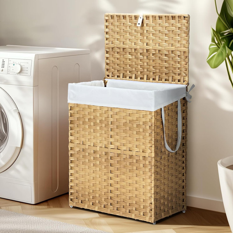 Panier à linge en rotin tissé 90L avec couvercle et doublure amovible, panier de rangement pliable en acier pour salle de bain