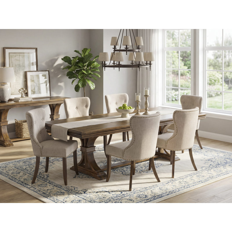 L'ensemble de table de salle à manger 7 pièces se compose d'une table moderne et de 6 chaises de salle à manger en tissu de lin brun clair avec dossier capitonné - Finition noyer antique
