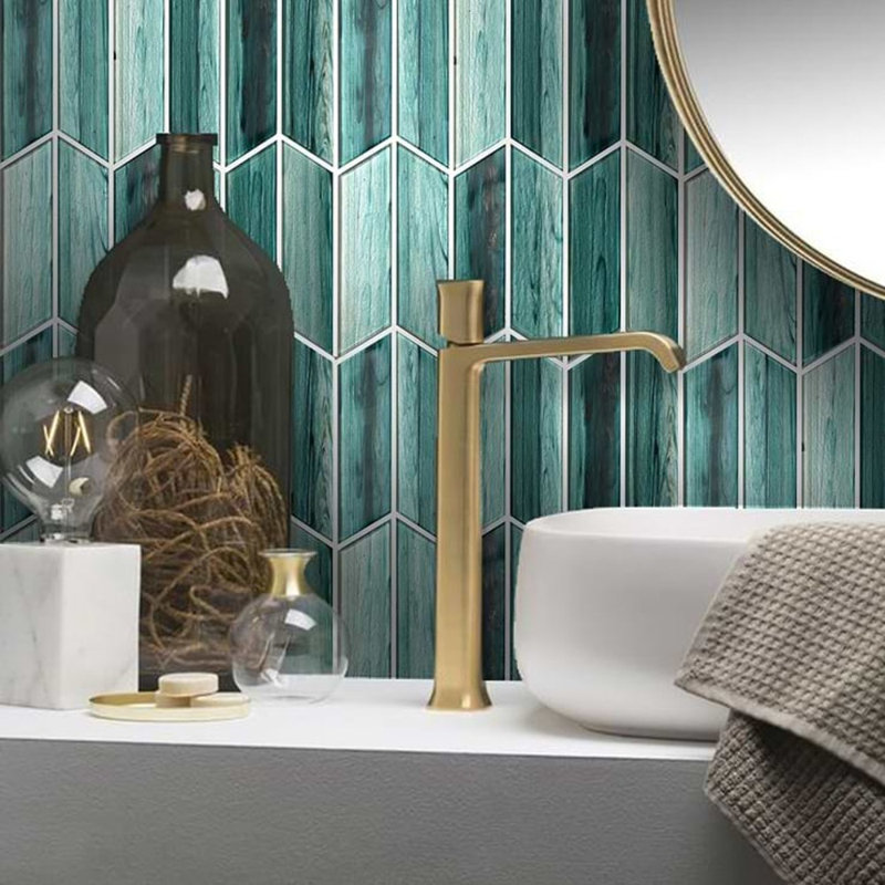 Maya 2x7 Chevron Polished Glass Mosaic Tile, Chevron Teal