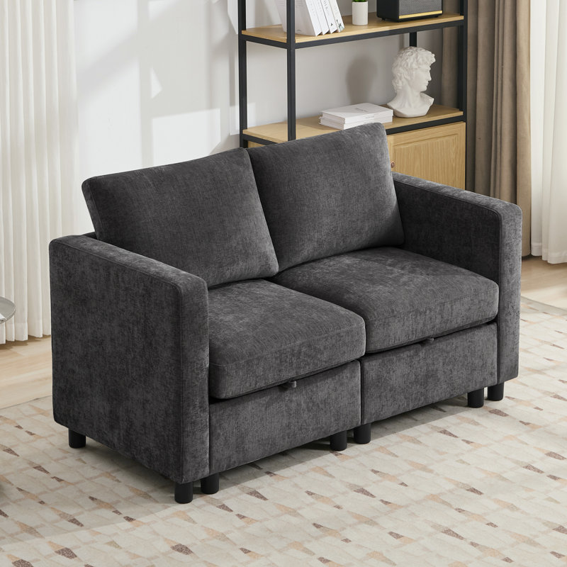 Canapé modulaire avec causeuse 58,3 po avec rangement sous le siège, chenille, Chenille grise foncée