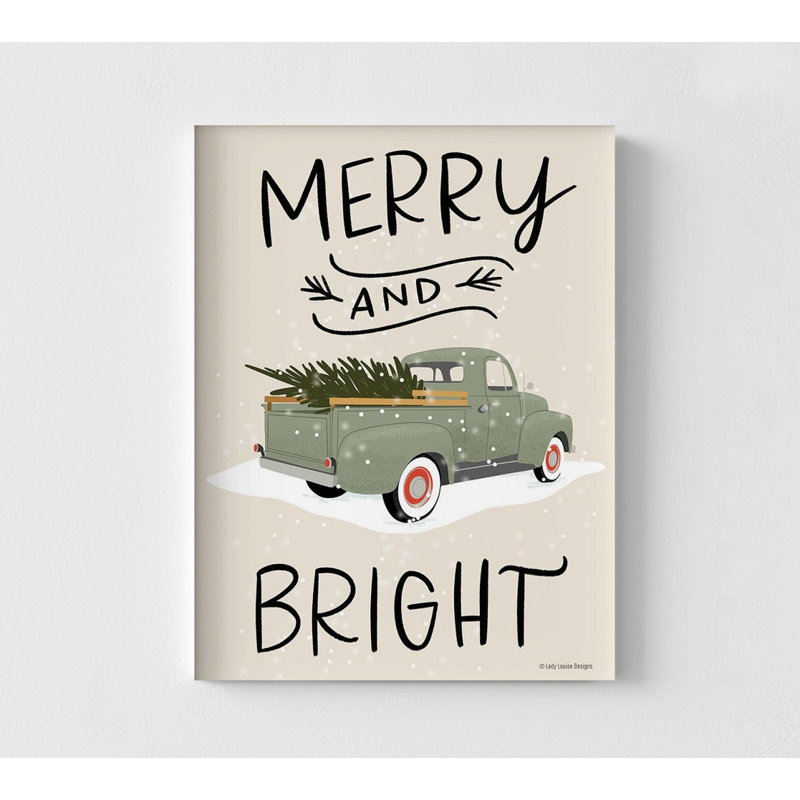 «Merry Truck» par Lady Louise Designs, affiche de camion d'arbre de Noël, art mural pin festif, décoration de chambre principale de camion de Noël