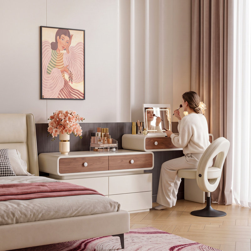 Coiffeuse moderne avec miroir lumineux et station de recharge, table de maquillage réversible en forme de L avec plateau rabattable, bureau 2 en 1 avec tiroirs et armoire de rangement, crème et noyer