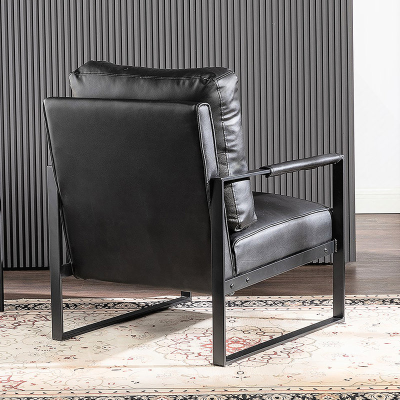 Chaise d'appoint classique de style Mid-Century moderne avec structure carrée en métal durable, fauteuil pour le salon, la chambre à coucher, le bureau personnel revêtu de microfibre tacheté, cuir PU noir