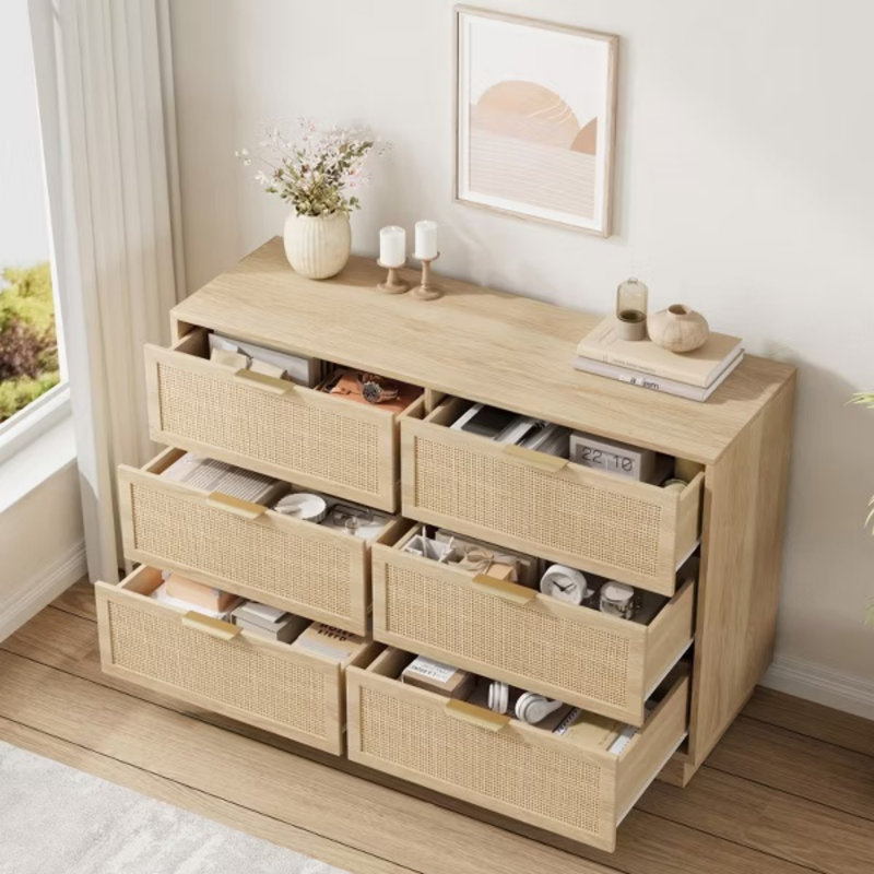 6 Drawer Rattan Dresser, Wide Chest with Metal Handles and Solid Wood Base, Storage Organizer for Bedroom, Living Room, Brown