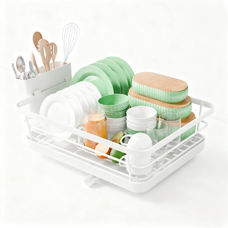 Égouttoir à vaisselle compact avec porte-ustensiles et bec verseur réglable, organisateur de comptoir de cuisine à l'épreuve de la rouille et peu encombrant