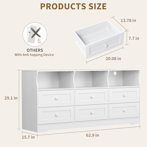 6 Drawer Dresser for Bedroom with Power Outlets & LED Light, Slim Wooden Chest of Drawers with Open Shelf, White