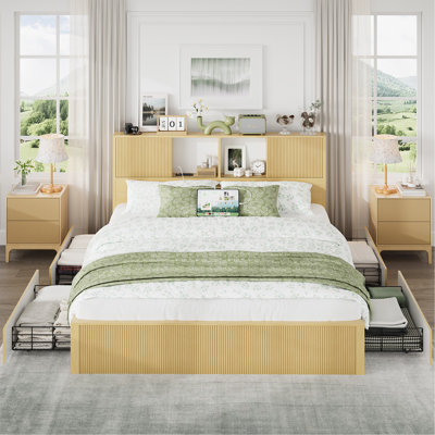 King Size Bed Frames with 4 Storage Drawers & 2-Tier Storage Headboards & Built-in USB Ports & Power Outlets, Metal Bed Frames Nox Box Spring Needed, Oak