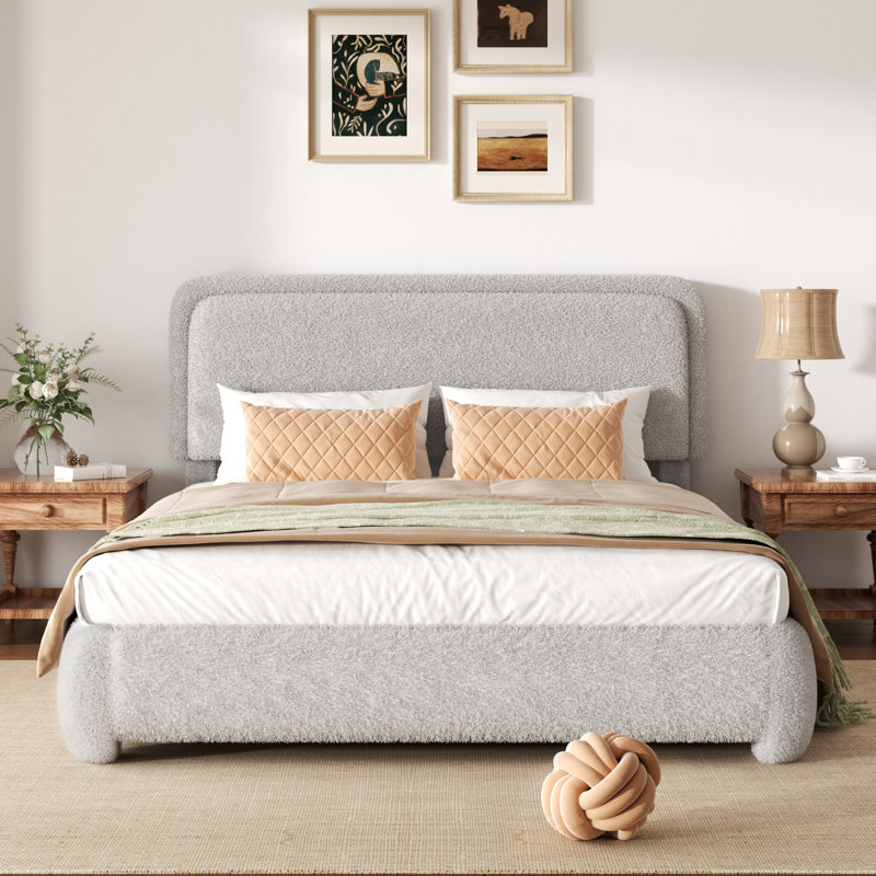 Base de lit plateforme tapissier Boucle avec tête de lit réglable et coins arrondis doux, Gris clair, Grand