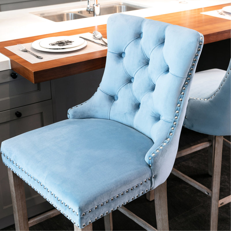 Velours haut dossier avec boutons, pieds réglables, velours bleu, 2 chaises de bar faites à la main, structure en bois massif, sièges confortables,