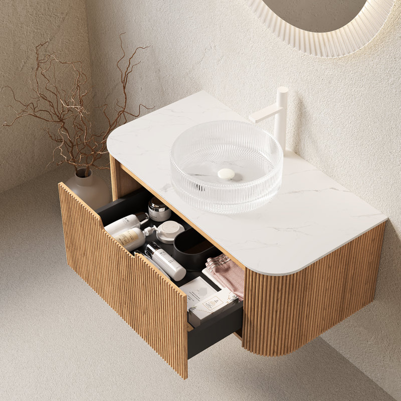 24" Wall - Mounted Bathroom Vanity With Crystal Glass Sink, Natural Cabinet, Easy To Maintain, Modern Design Basin, Drawer, Ample Storage Space