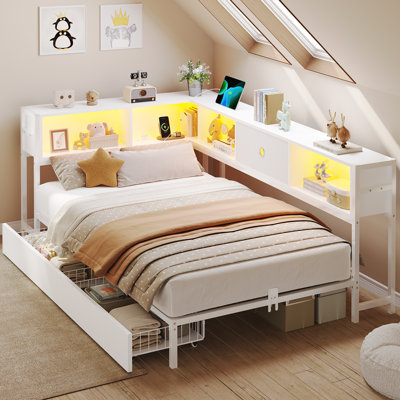 Structure de lit simple en coin avec bibliothèque et tête de lit à DEL, station de charge, lit de jour en métal avec 2 tiroirs et casiers ouverts, pour les petites chambres, blanc