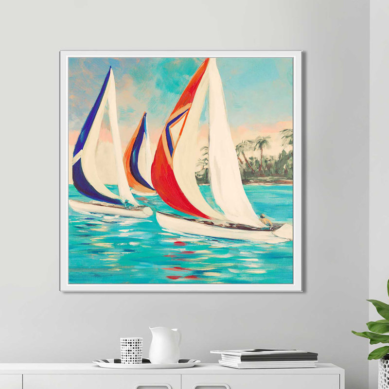 «Sunset Sails II», reproduction de peinture acrylique, H 31,5 po x l 31,5 po x P 2 po, Cadre flottant blanc