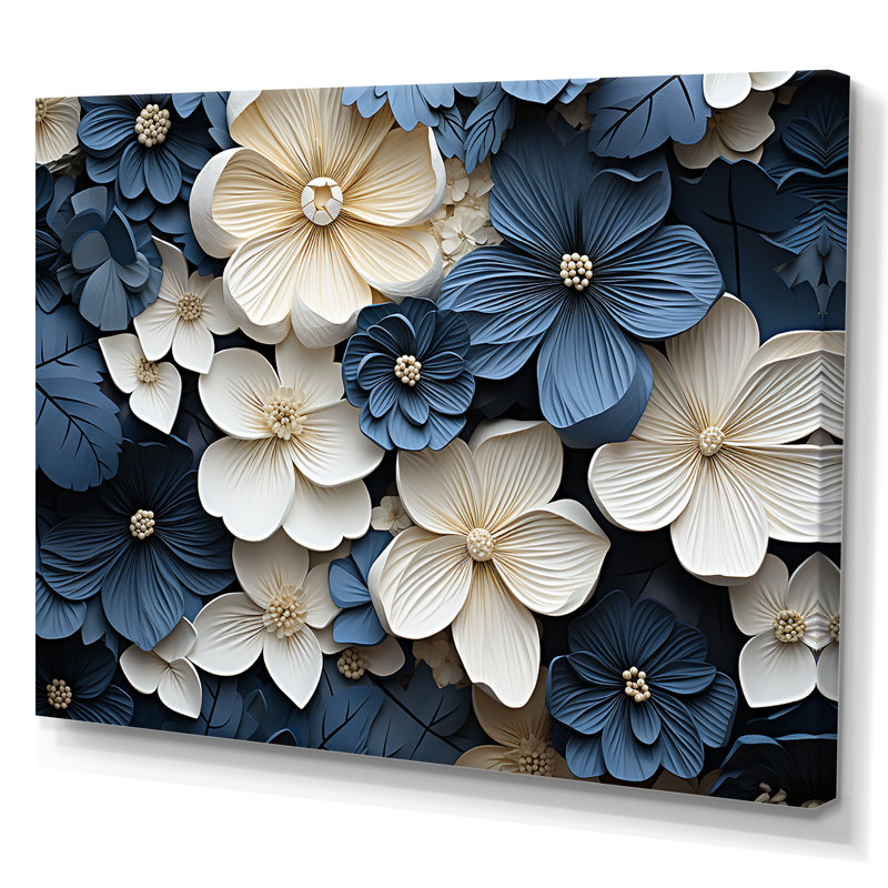 «Blue and White Adorned Violets - Violets», art mural encadré, H 34 po x l 44 po, Toile tendue, Sans cadre