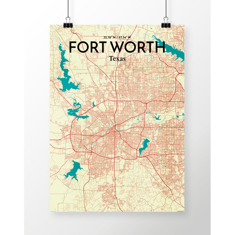 «Fort Worth City Map», reproduction d'impression sur affiche en beige, H 27,56 po x l 19,69 po