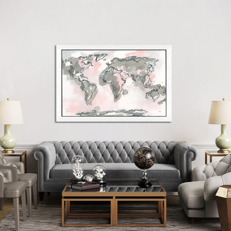 World Map Blush by Chris Paschke - Painting on Canvas, White Floater Framed, 152.5 cm H x 101.5 cm W