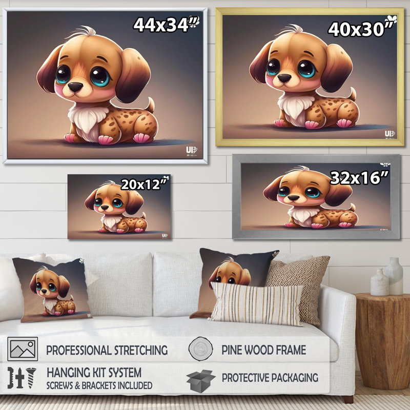 Mignon teckel d'anime sur toile, Cadre simple blanc, H 24 po x l 32 po x P 1 po