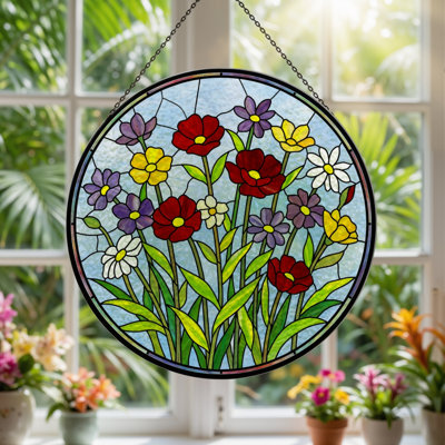 7.8"H Floral Garden Stained Glass Window Panel