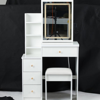 Compact Left Bedside Vanity, Led Mirror With Touch Operation, 3 Color Lights, Adjustable Brightness, Cushioned Stool, White, , For Spaces Small Size Vanity Table And Stool - Switch & Brightness