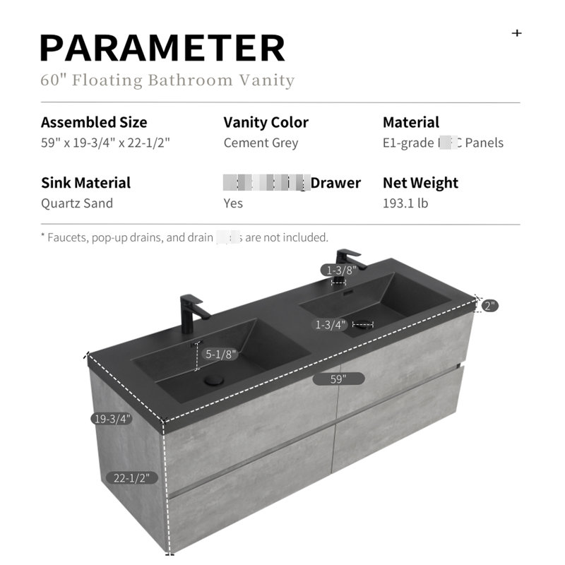 Meuble-lavabo 60 po avec deux bacs à sable en quartz noir et quatre tiroirs à fermeture en douceur entièrement assemblés.