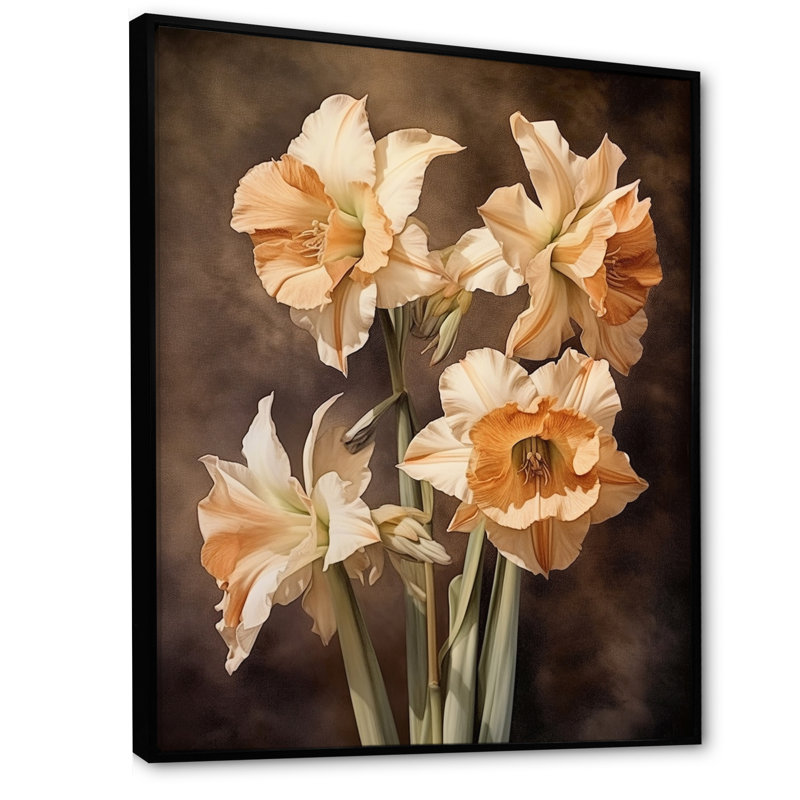 «Brown Green Daffodils Natures Impression», reproduction sur toile, Cadre flottant noir, H 20 po x l 12 po x P 1 po