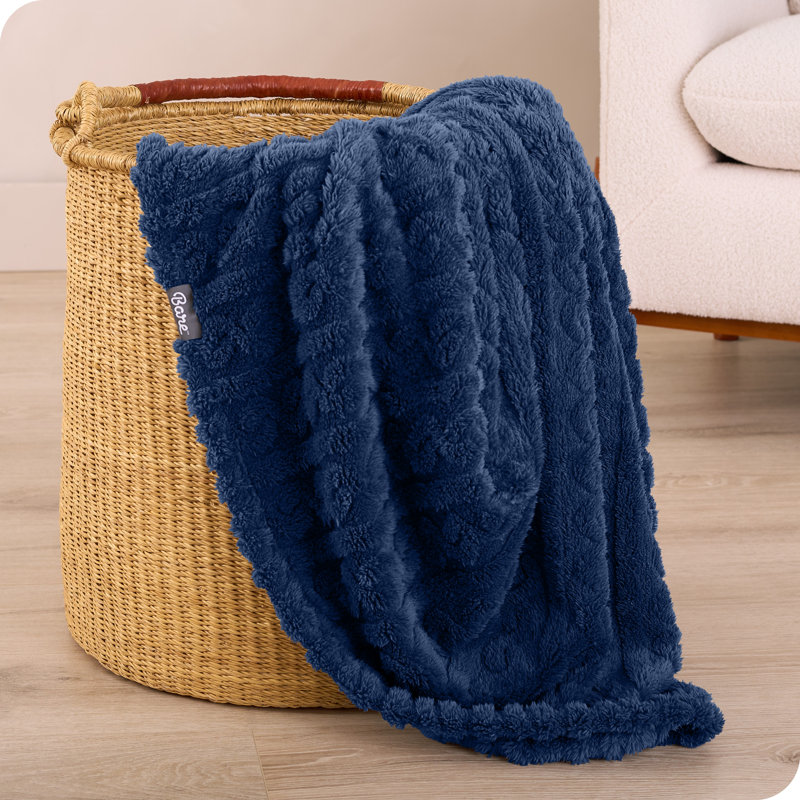 Couverture Cozy Faux Shearling, Câble bleu foncé, Jeté
