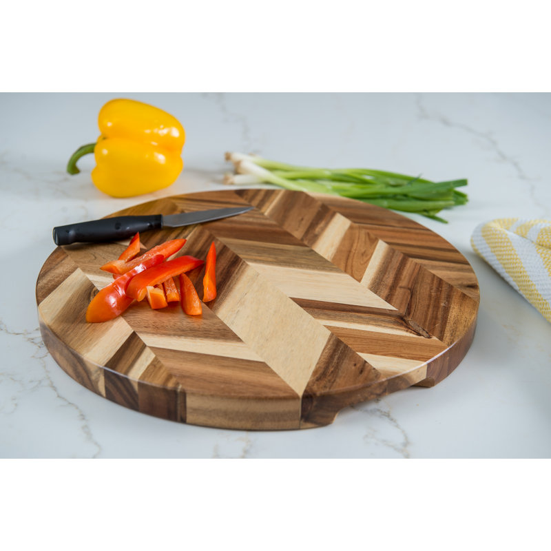 Acacia Herringbone Round Cutting /Serve Board W/ Inset Handles
