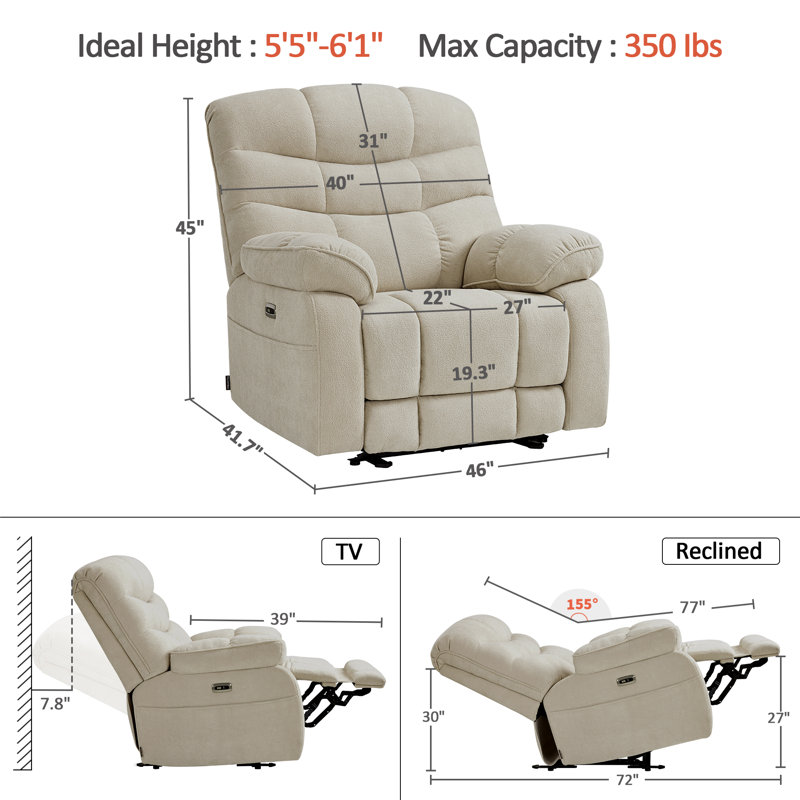 27" Seat Wide Oversized Power Recliner Zero Gravity with High Backrest, Anti-Tip Design, Beige