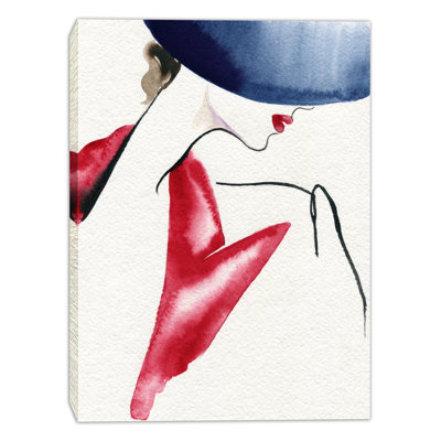 «Watercolor Fashion Woman in Red Dress with Blue Hat», reproduction d'art sur toile tendue