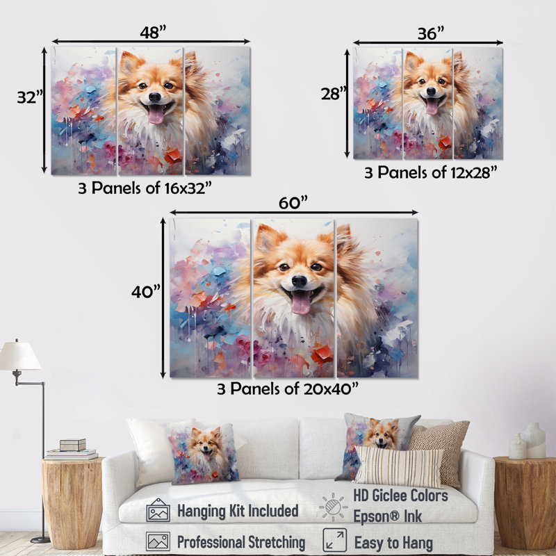 Poméranie Poise - ensemble d'art mural sur toile de chien, H 40 po x l 60 po x P 1 po