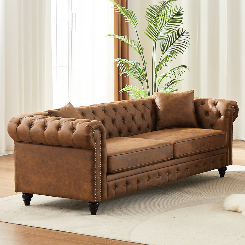 Tissu de 85,5 po avec 3 sièges, accoudoirs roulés, boutons et 2 coussins décoratifs - texture élégante, structure solide, coussins de siège confortables, structure douce et primaire
