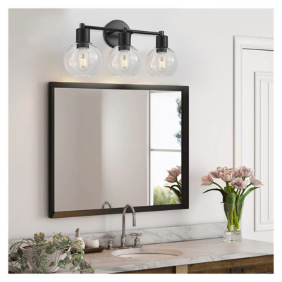 Applique murale moderne industrielle noire à 3 lumières avec abat-jour en verre transparent pour salle de bain, chambre et couloir