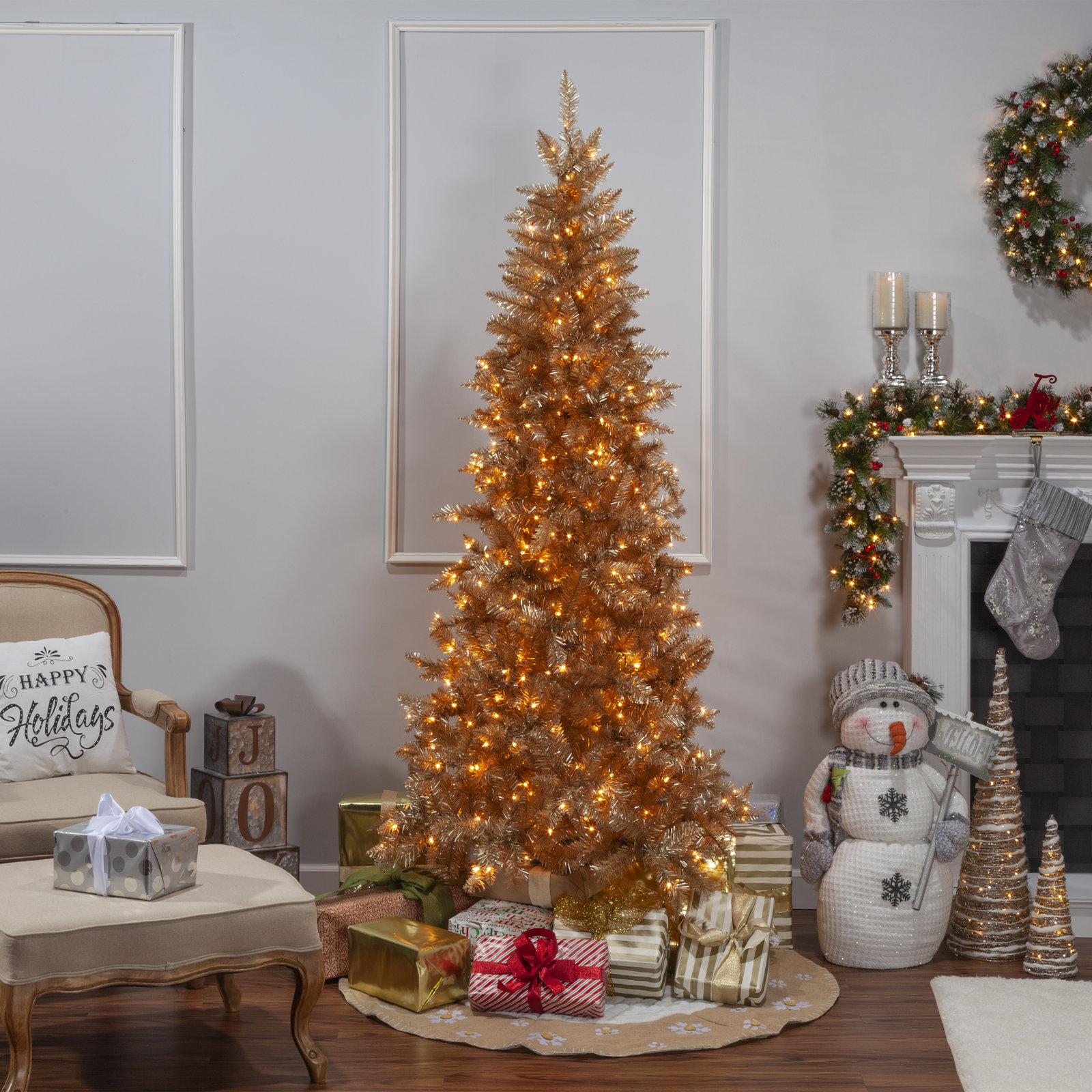 Sleek Gold Slim Christmas Tree With Warm White LED Lights, 7'5"