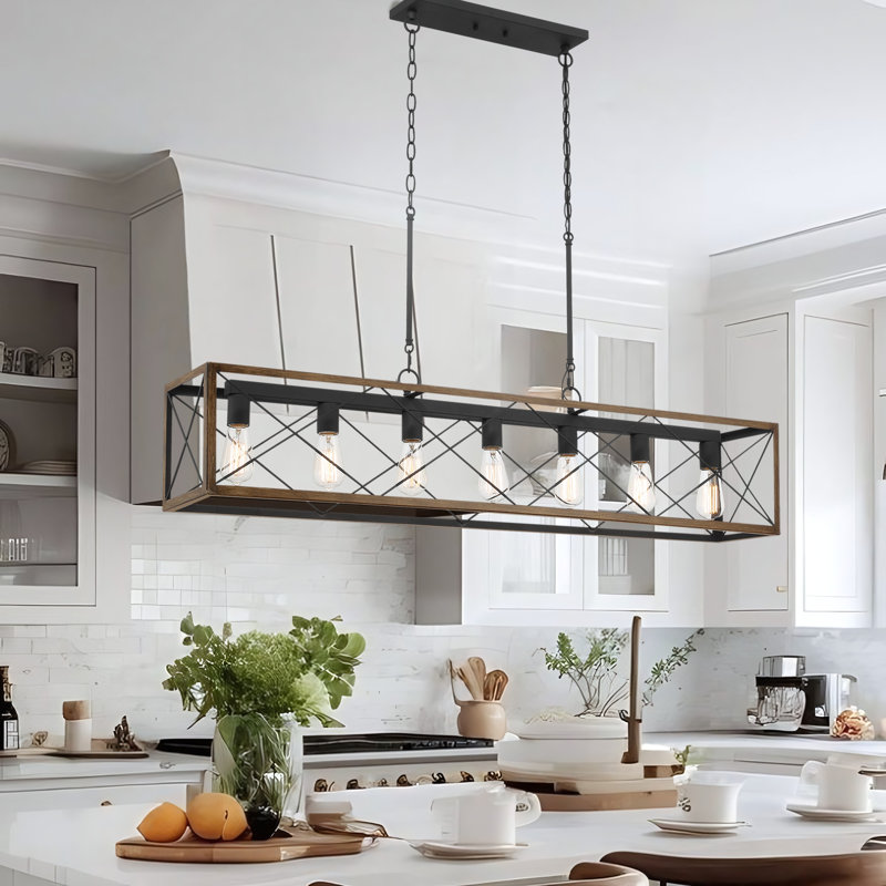 Lustre linéaire pour îlot de cuisine à intensité variable Evys, Pin, 7, 109" H x 48" W x 7.87" D