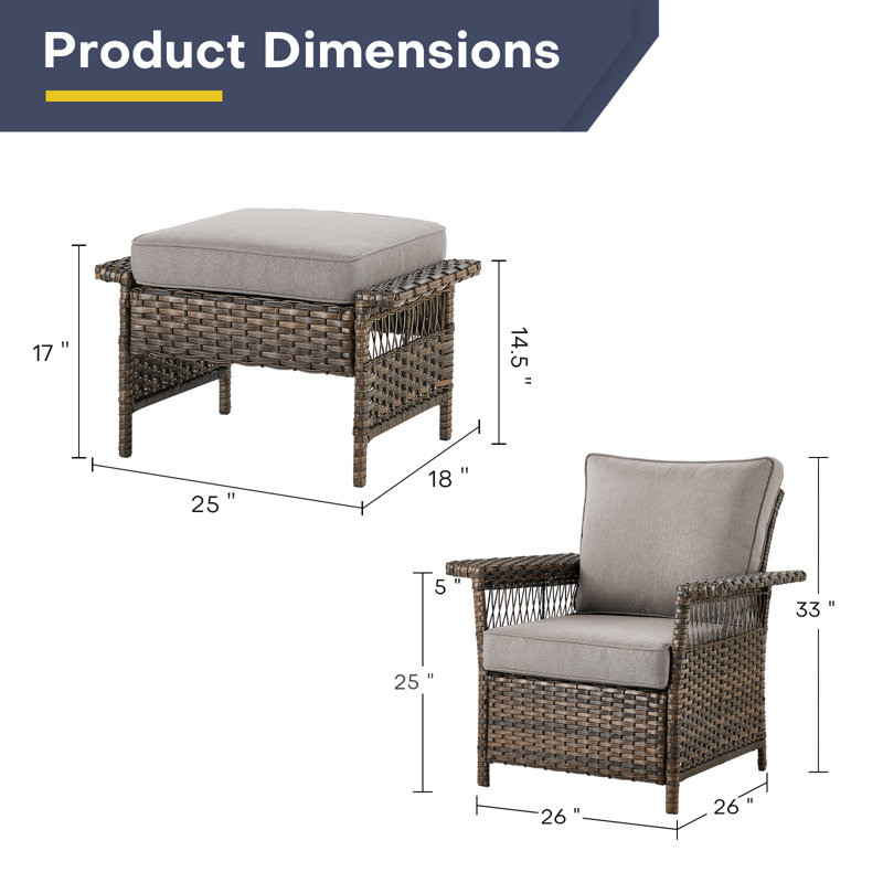 Anferney 4 - Pieces Outdoor Wicker Patio Chair Set with Ottomans and Cushions, Gray