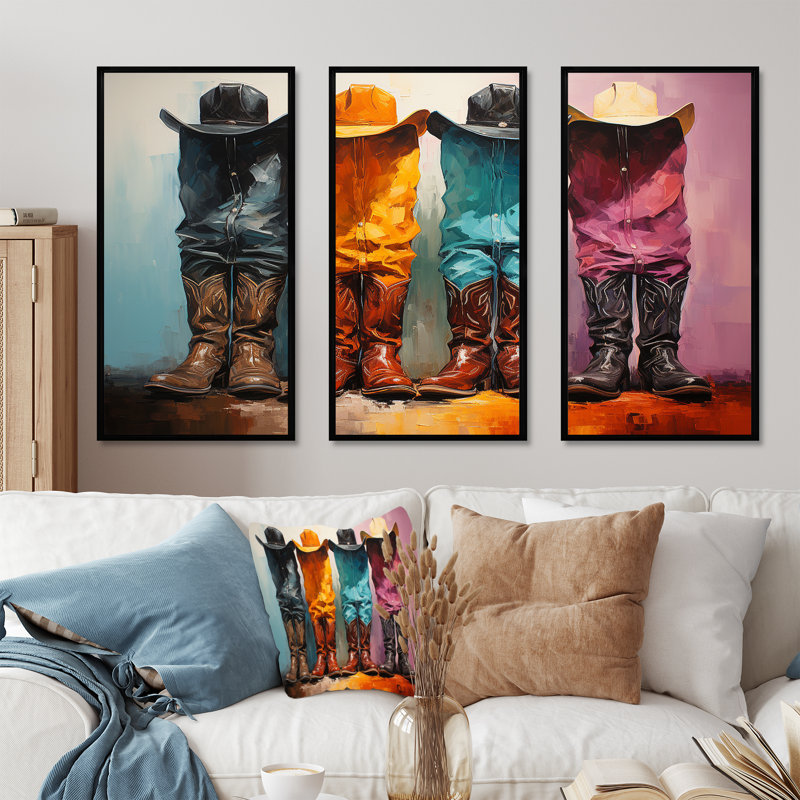 Popart, chapeaux et bottes de cowboy, H 28 po x l 36 po, Cadre flottant noir