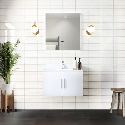 Meuble-lavabo blanc lustré - 30 po L x P 22 po Comptoir de quartz et miroir à DEL Finition en douceur de la salle de bain