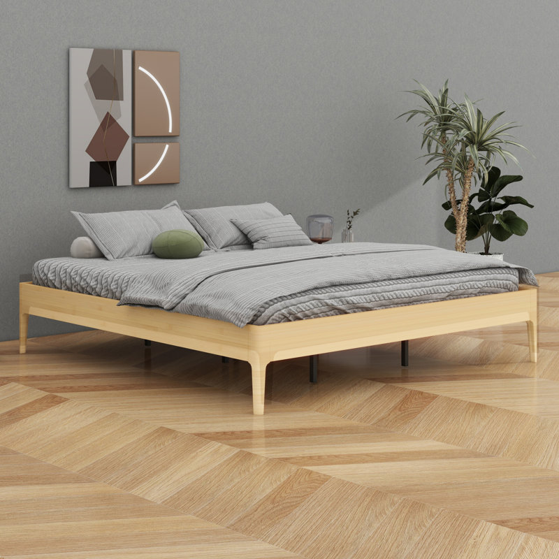 Classic Wood Platform Bed Frame with Wood Slat Metal Support, Natural, King