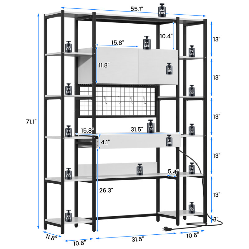  70.87" Home Office Desk With Bookshelf & Led Light & Built-in Outlets, Computer Desk With Drawer & Storage Shelves And Cabinets, Study Table Writing Desk With Hutch For Home Office, White